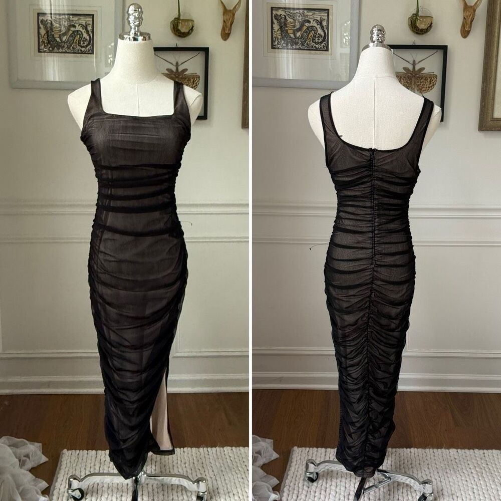 NWOT Lulus V.I.P. Treatment Black and Beige Mesh Ruched Bodycon Midi Dress S
